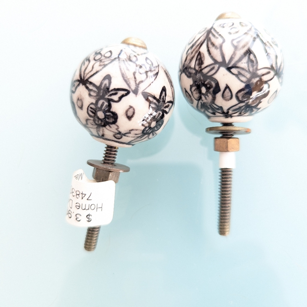 Hobby Lobby Pottery Knobs Floral Black and White Flower Drawer Pulls - Set of 2